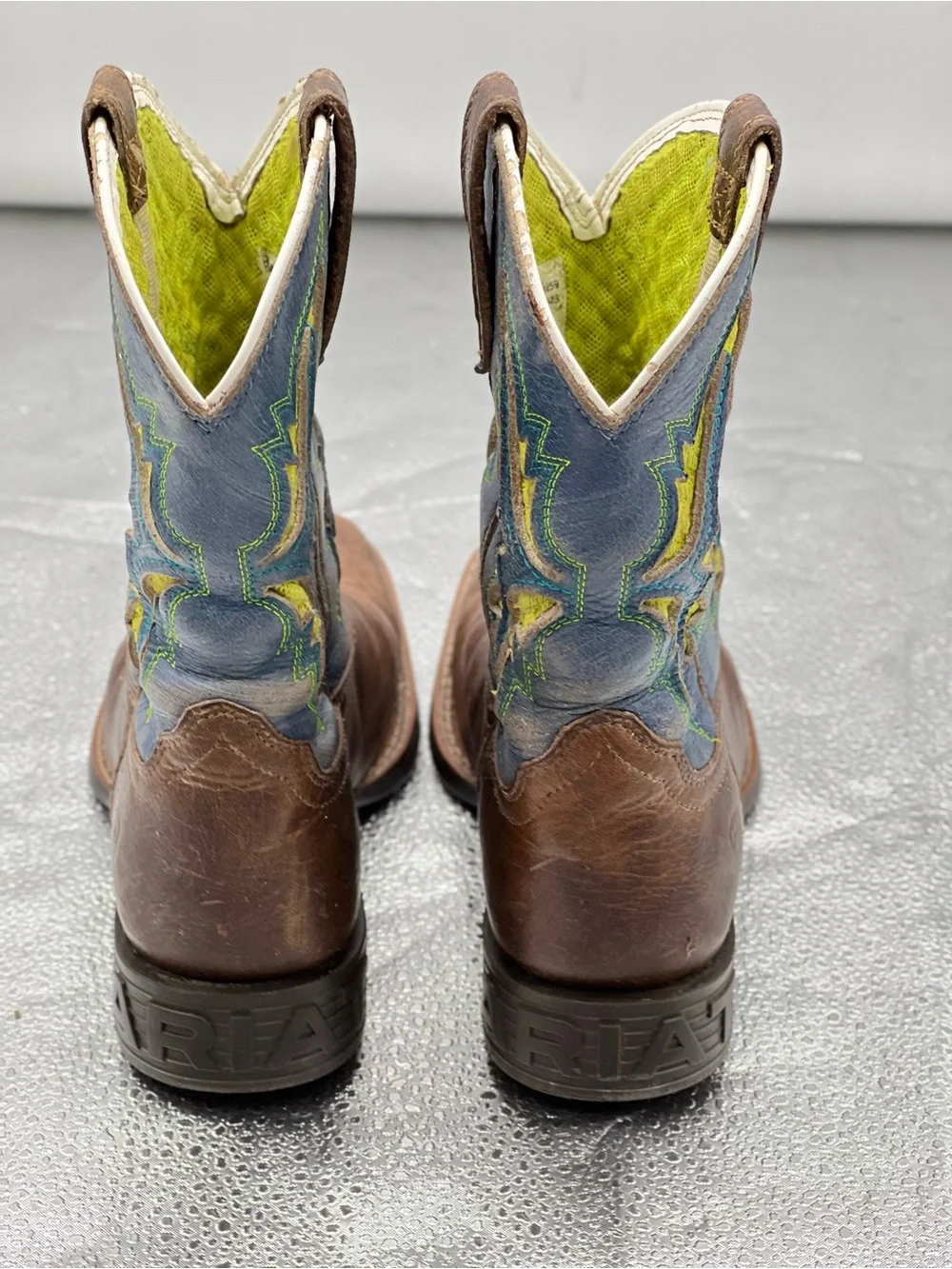 352 Ariat Brown Leather Kids Cowboy Boots with Blue & Yellow Embroidery